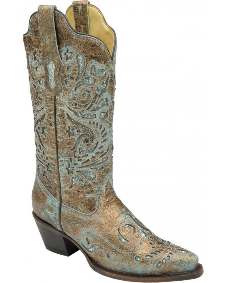 Corral Women's Turquoise Glitter Inlay Cowgirl Boots - Snip Toe