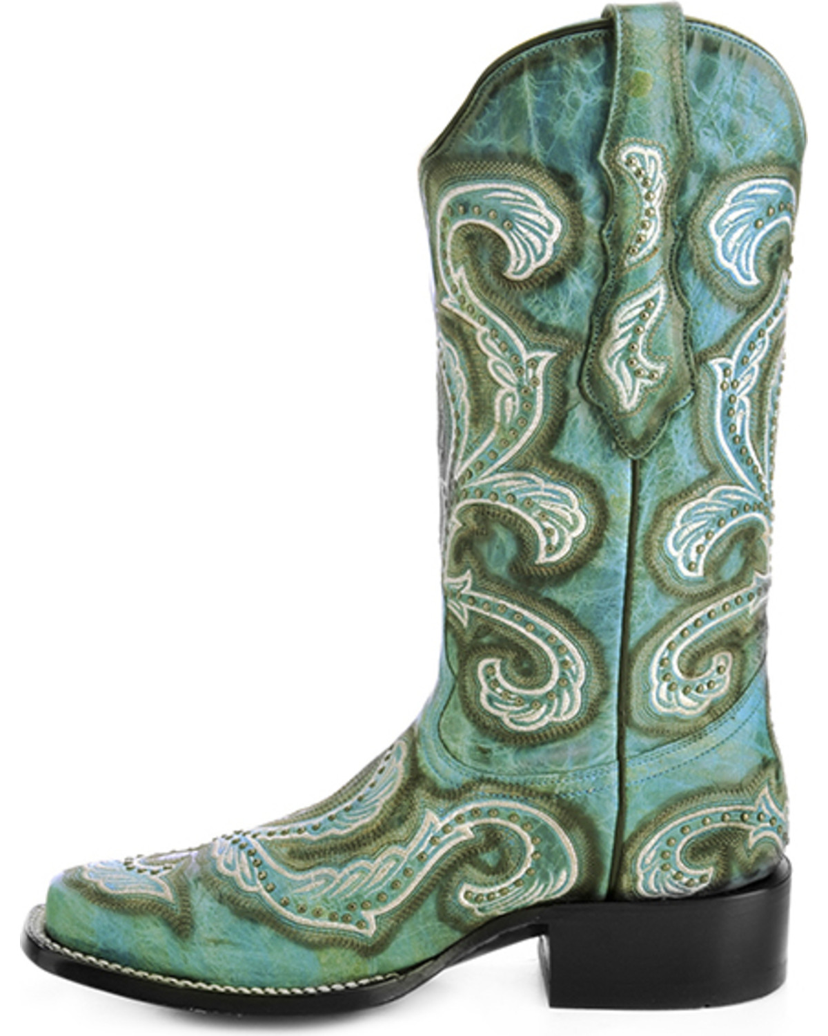 Corral Turquoise Studded and Embroidered Cowgirl Boots - Square Toe