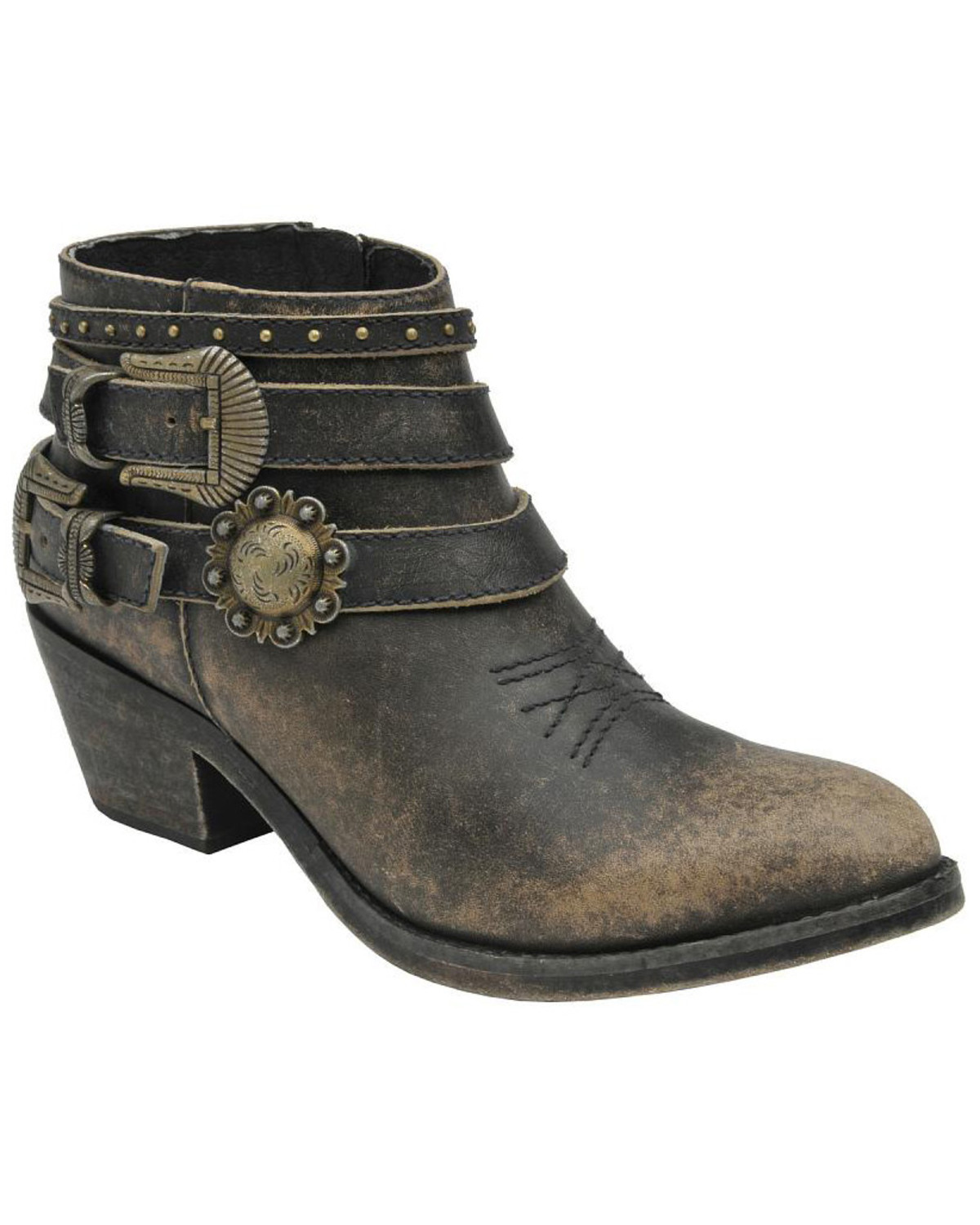 Circle G Women's Distressed Black Buckle Strap Ankle Boots Country