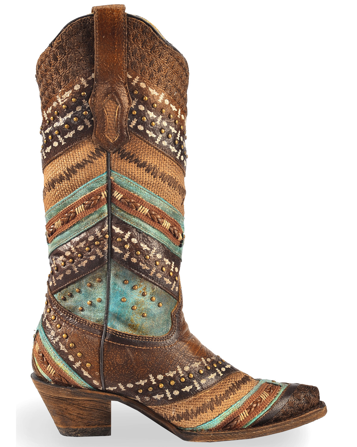 Corral Brown & Turquoise Embroidery and Studs Cowgirl Boots - Snip Toe