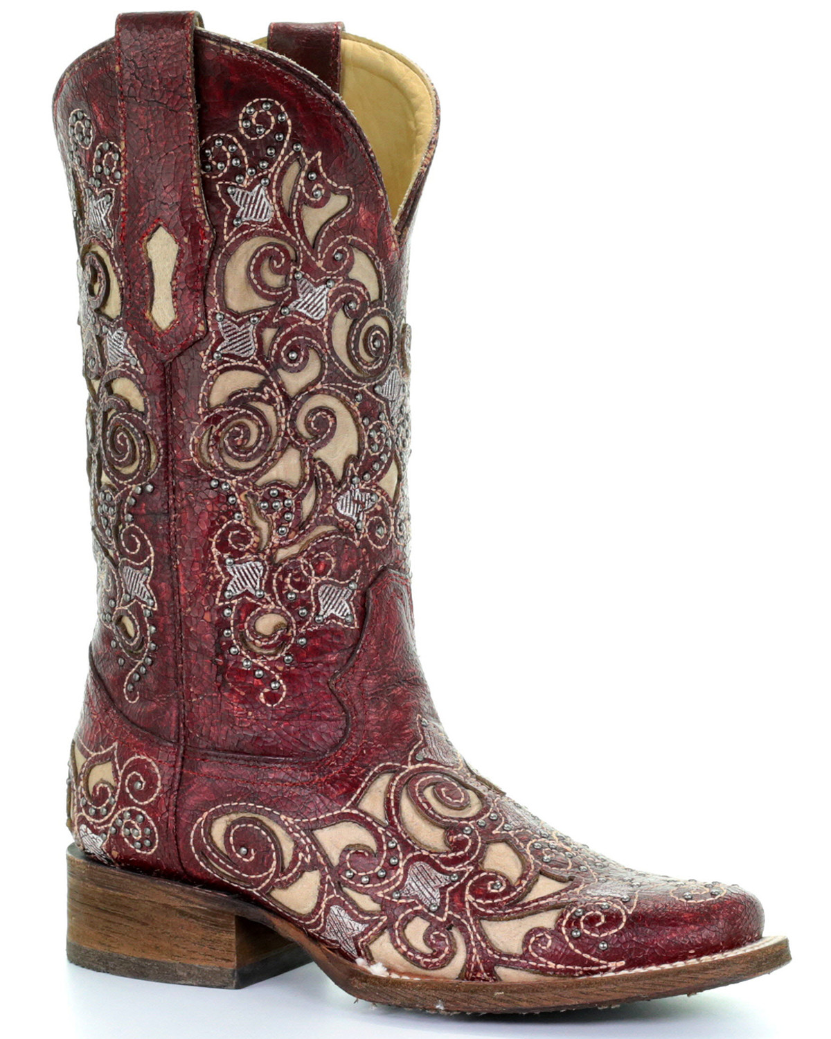 Corral Women's Red Embroidered Stud Inlay Cowgirl Boots - Square Toe