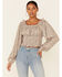 Beyond The Radar Women's Ditsy Smocked Long Sleeve Peasant Crop Top , Brown, hi-res
