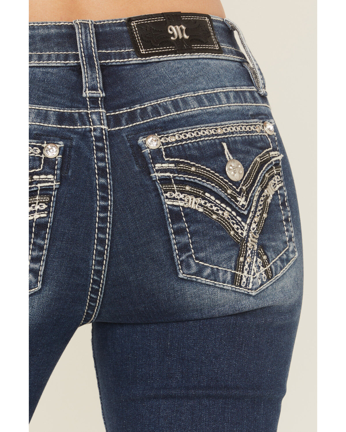 Image #2 - Miss Me Women's Dark Wash Mid Rise Embroidered Pocket Bootcut Stretch Denim Jeans, Dark Wash, hi-res