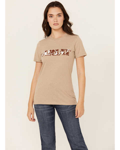 Ariat Women's Boot Barn Exclusive Cow Print Logo Short Sleeve Graphic Tee, Oatmeal, hi-res