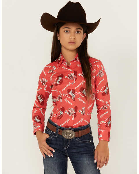 Cruel Girl Girls' Conversation Print Long Sleeve Button-Down Western Shirt , Coral, hi-res