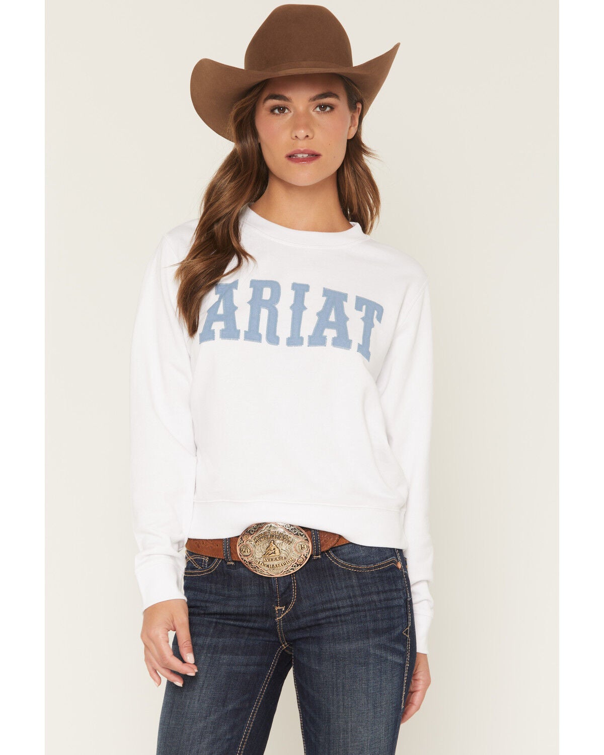 Ariat Women's Boot Barn Exclusive Logo Crew Neck Sweatshirt, White, hi-res