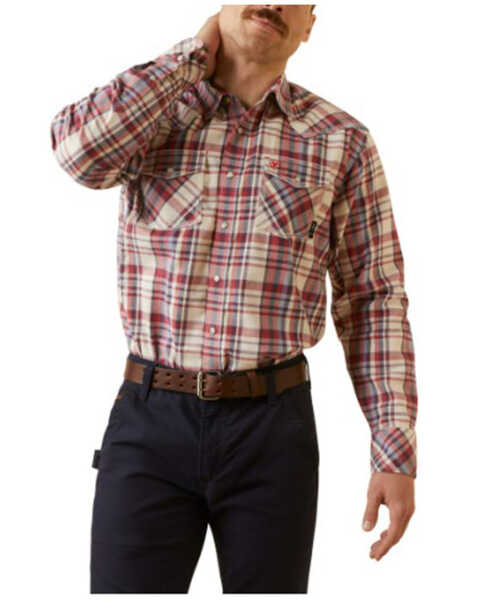 Image #1 - Ariat Men's FR Dillon Retro Plaid Print Long Sleeve Snap Work Shirt , Red, hi-res