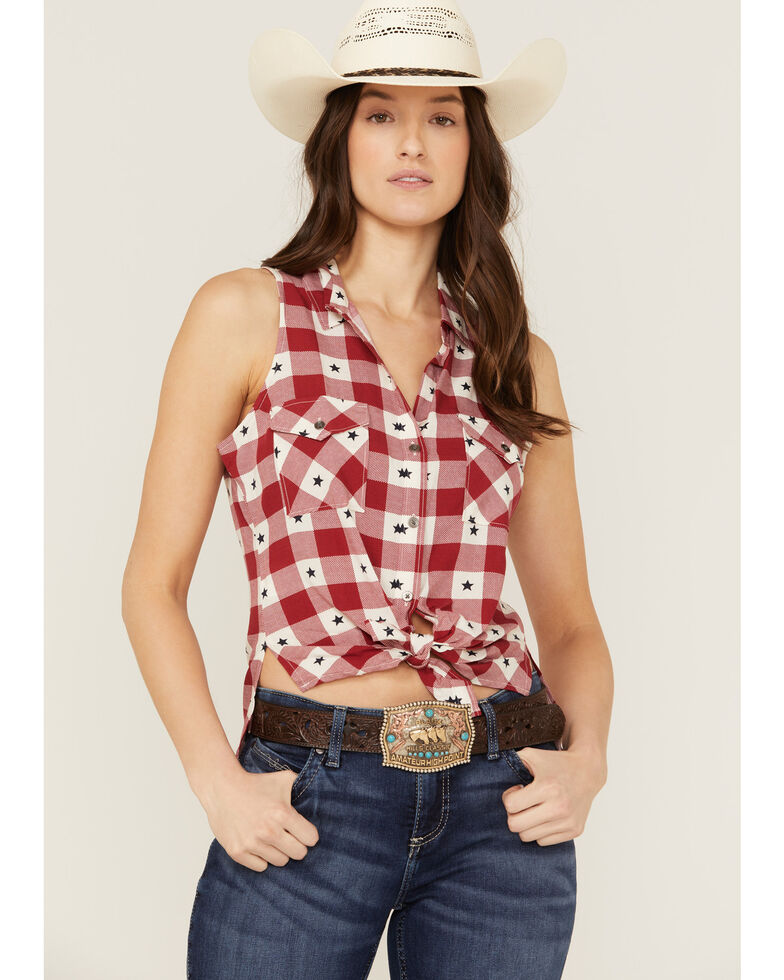 Shyanne Women's Red Plaid Stars America Sleeveless Top, Red, hi-res
