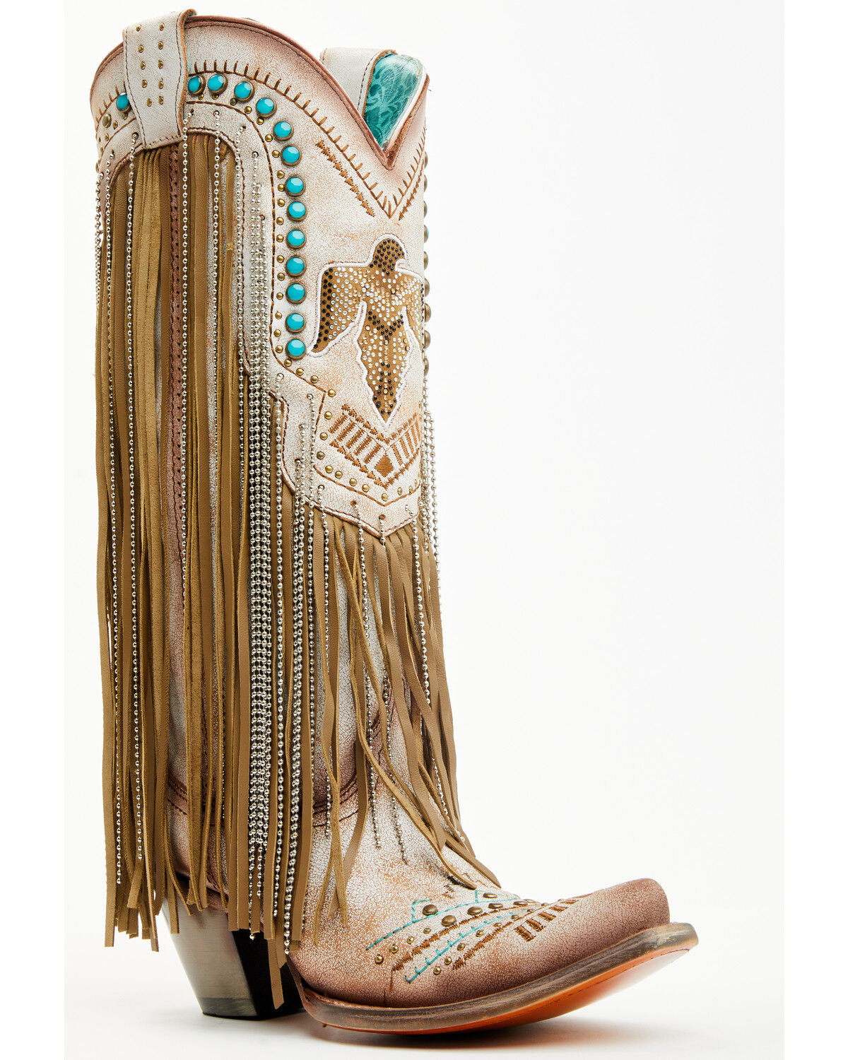 Image #1 - Corral Women's Embroidered and Crystal Eagle Fringe Western Boots - Snip Toe, Beige, hi-res