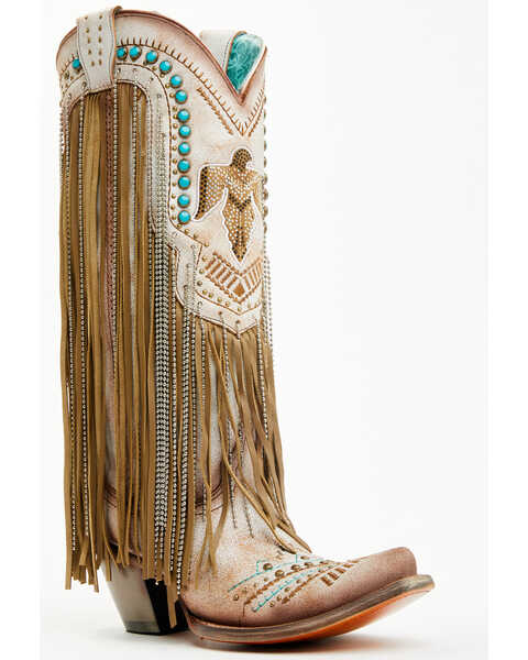 Corral Women's Embroidered and Crystal Eagle Fringe Western Boots - Snip Toe , Beige, hi-res