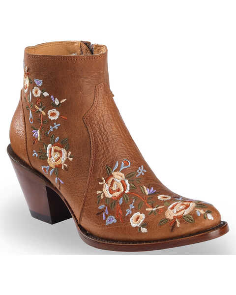 Shyanne Women's Millie Floral Embroidered Booties - Round Toe, Brown, hi-res