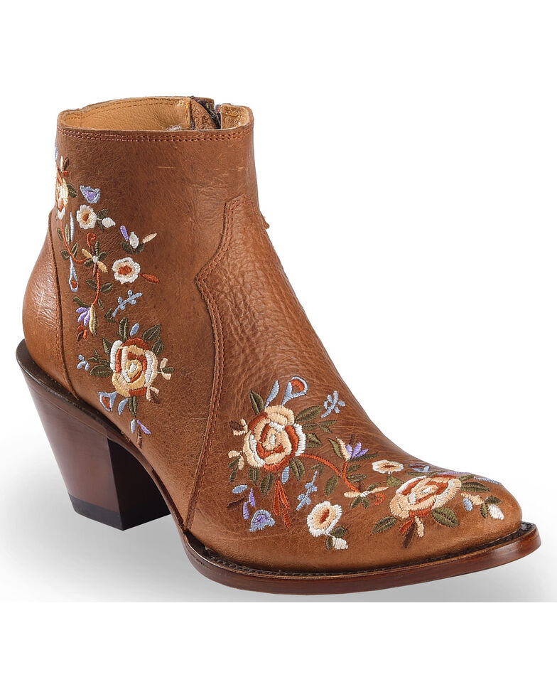 Shyanne Women's Floral Embroidered Booties - Round Toe , Brown, hi-res
