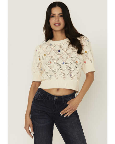 Driftwood Women's Floral Embroidered Knit Top, Cream, hi-res
