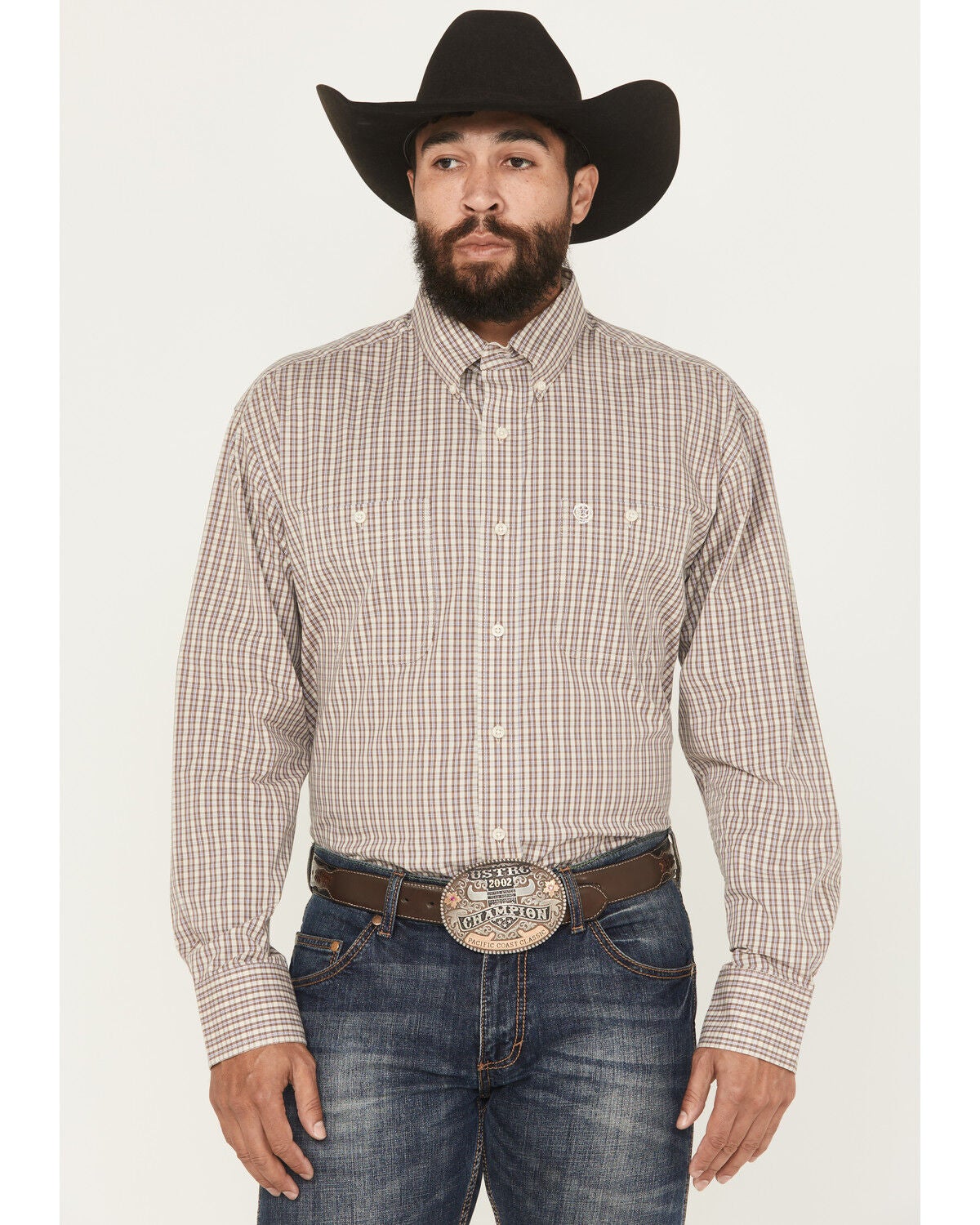 Image #1 - George Strait by Wrangler Men's Plaid Print Long Sleeve Button-Down Stretch Western Shirt, Taupe, hi-res