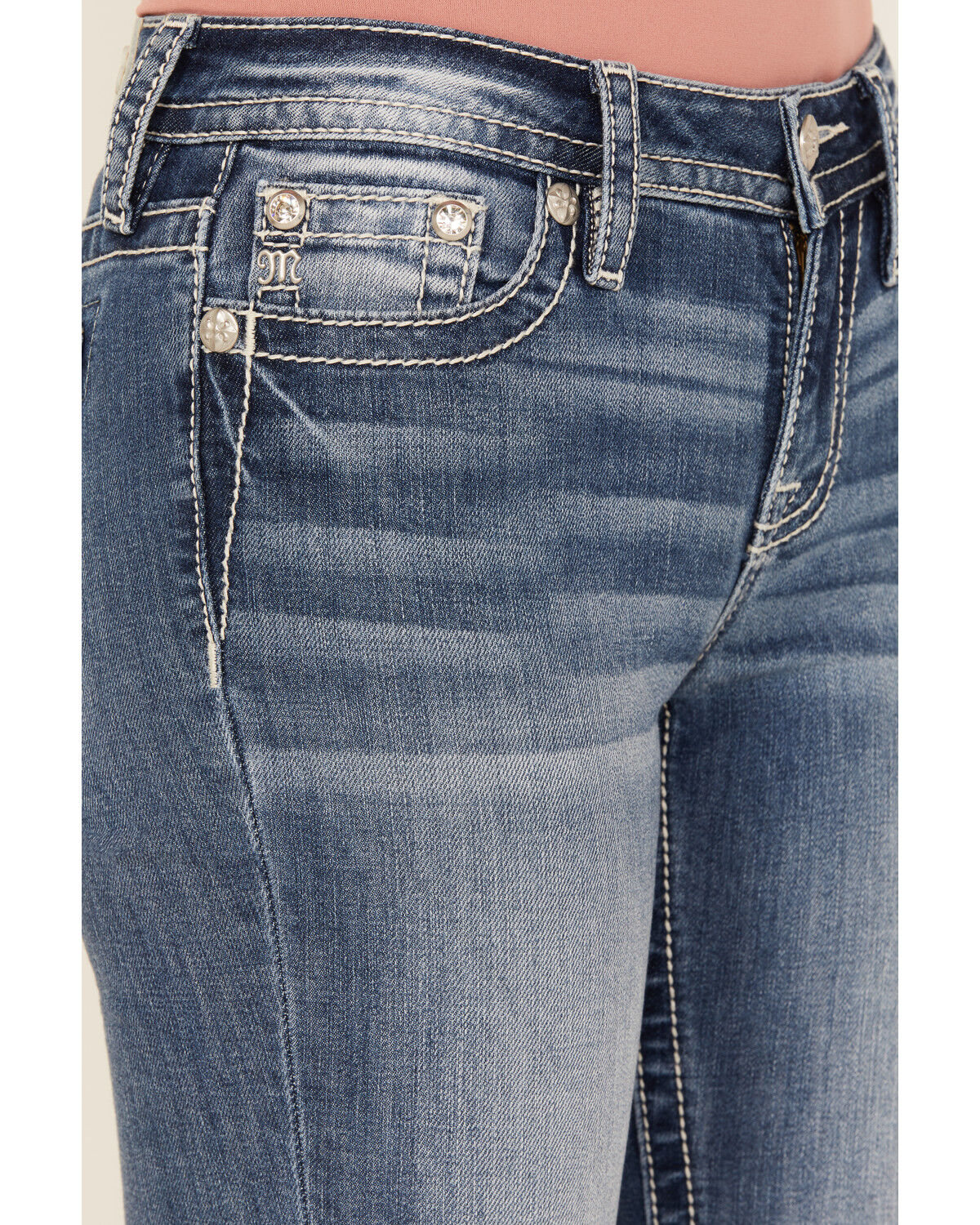 Image #4 - Miss Me Women's Medium Wash Mid Rise Horseshoe Pocket Bootcut Stretch Denim Jeans, Medium Wash, hi-res