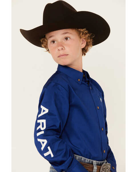 Image #2 - Ariat Boys' Solid Twill Team Logo Long Sleeve Button-Down Western Shirt , Blue, hi-res