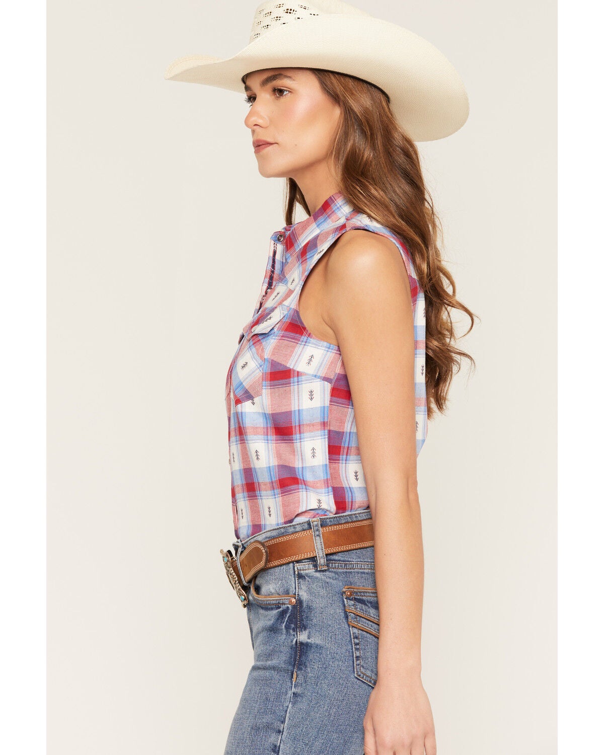 Image #2 - Shyanne Women's Rushmore Dobby Plaid Print Sleeveless Snap Western Shirt, Red/white/blue, hi-res