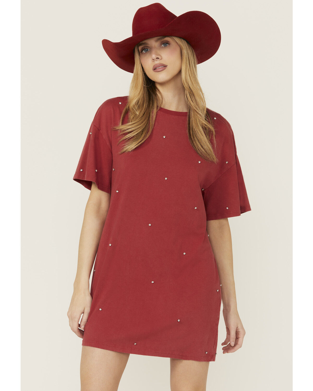 Image #1 - Rock & Roll Denim Women's Rhinestone Short Sleeve T-Shirt Mini Dress, Red, hi-res