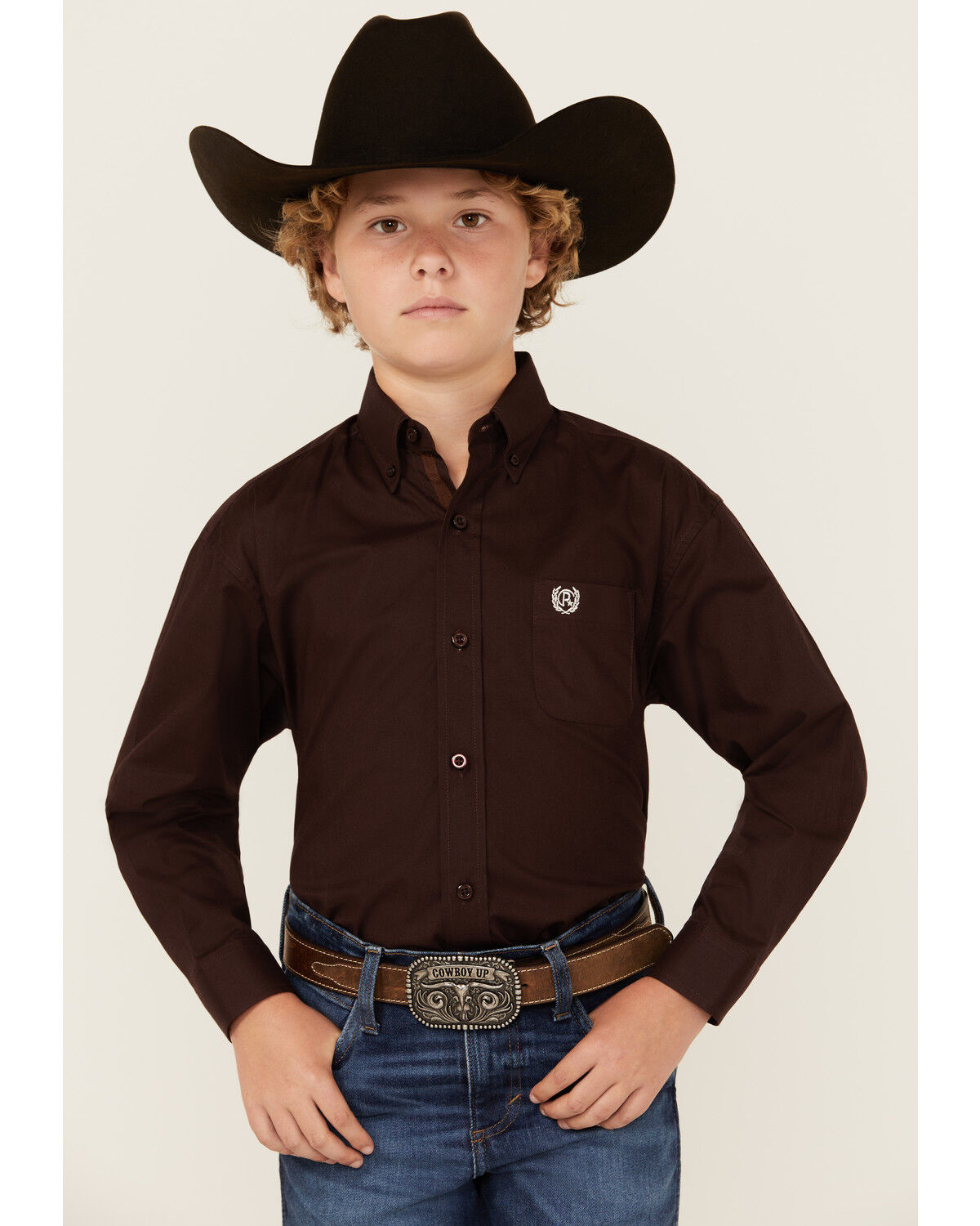 Image #1 - Panhandle Select Boys' Solid Long Sleeve Button-Down Stretch Western Shirt, Brown, hi-res