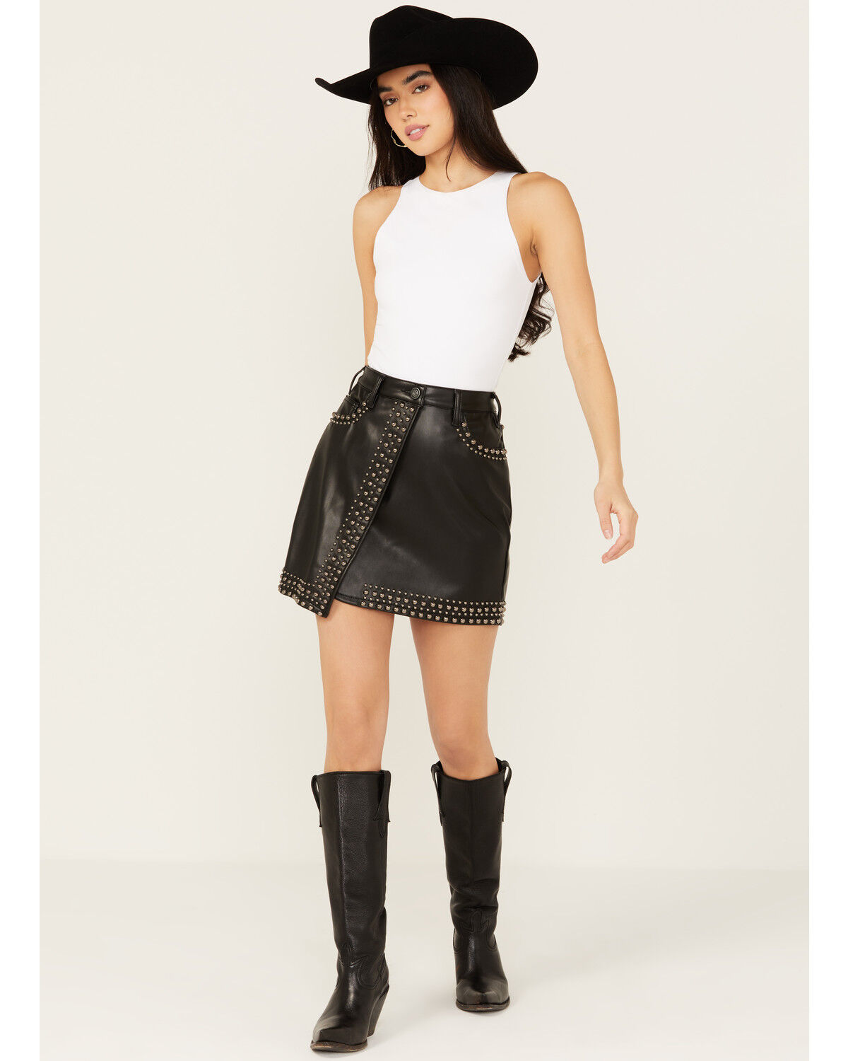 Image #1 - Rock & Roll Denim Women's Faux Leather Studded Mini Skirt, Black, hi-res