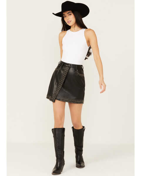 Rock & Roll Denim Women's Faux Leather Studded Mini Skirt , Black, hi-res