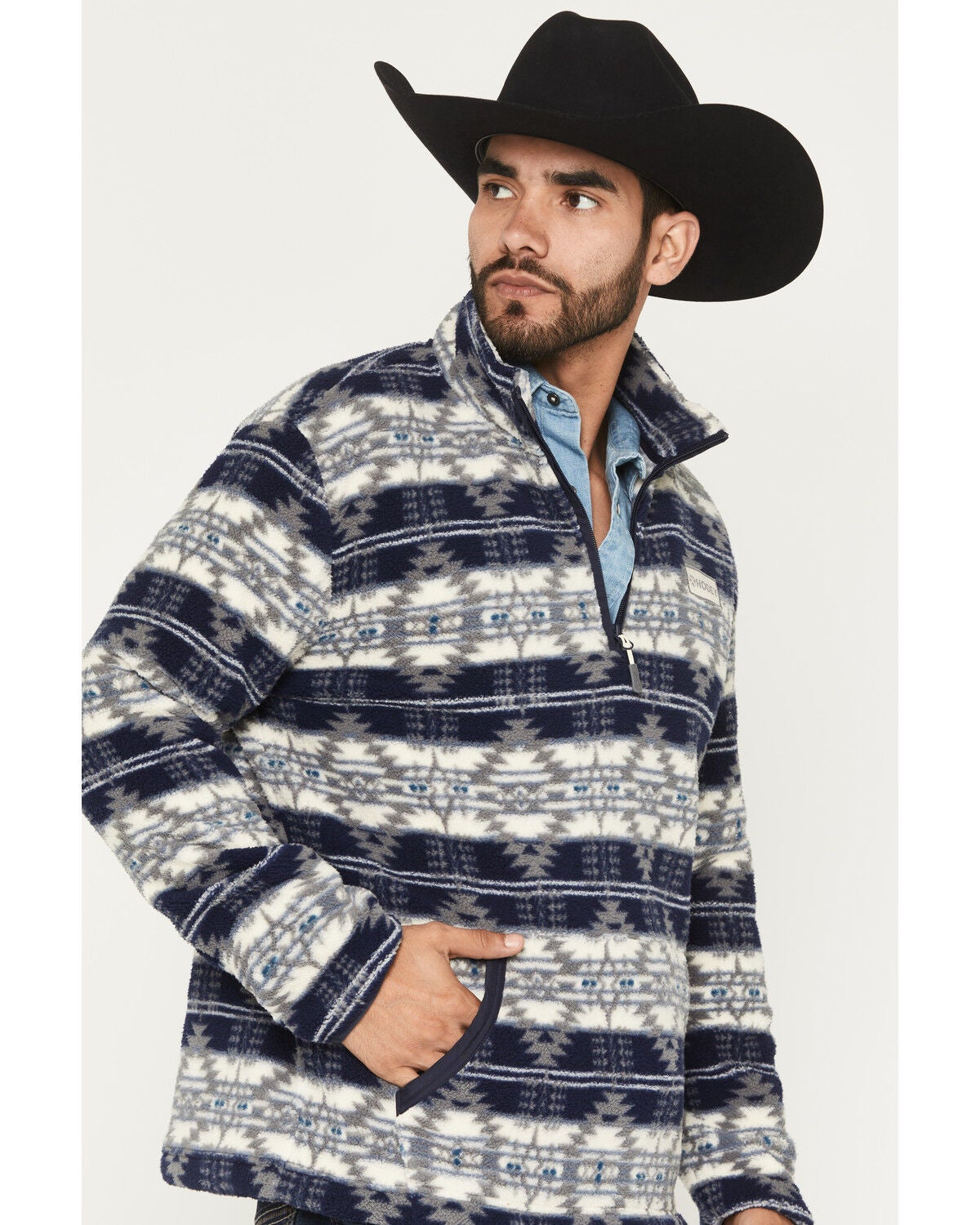 Image #2 - Hooey Men's Bear Southwestern Print Fleece 1/4 Zip Pullover, Navy, hi-res