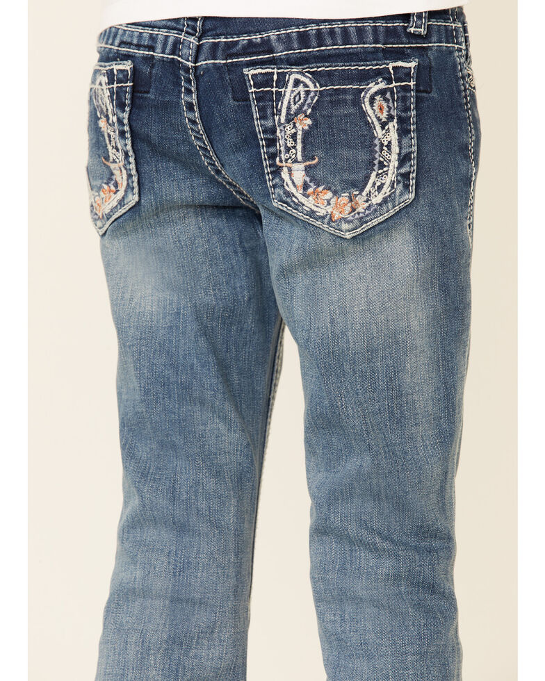 Grace In LA Girls' Medium Wash Floral Horseshoe Embroidered Bootcut Jeans, Blue, hi-res