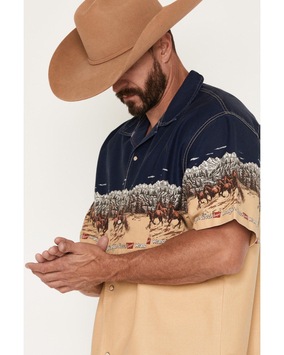 Image #2 - Wrangler X Coors Banquet Men's Border Print Resort Short Sleeve Snap Western Shirt, Tan, hi-res
