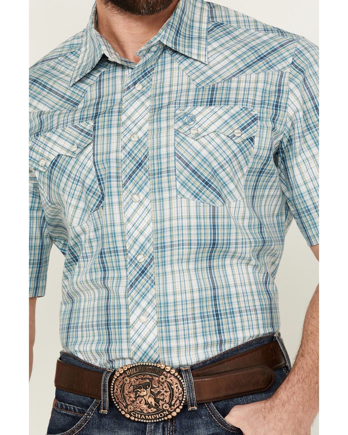 Image #3 - Wrangler Retro Men's Plaid Print Short Sleeve Pearl Snap Western Shirt, Teal, hi-res