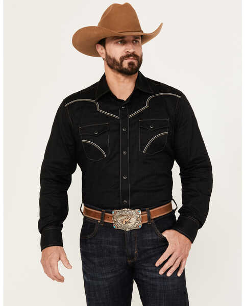 Rock 47 by Wrangler Men's Embroidered Long Sleeve Western Snap Shirt, Black, hi-res