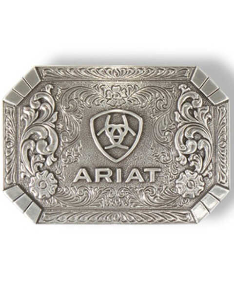 Ariat Women's Floral Silver Rectangular Belt Buckle, Silver, hi-res
