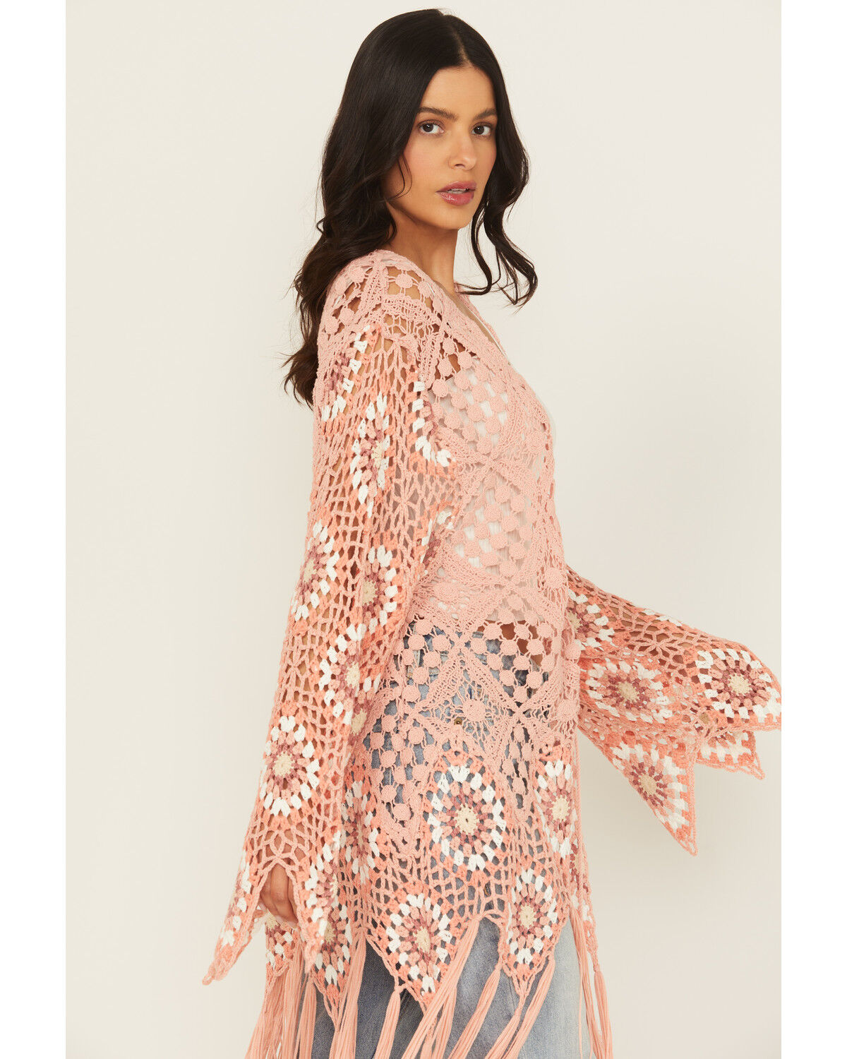 Image #2 - Miss Me Women's Crochet Fringe Kimono, Pink, hi-res