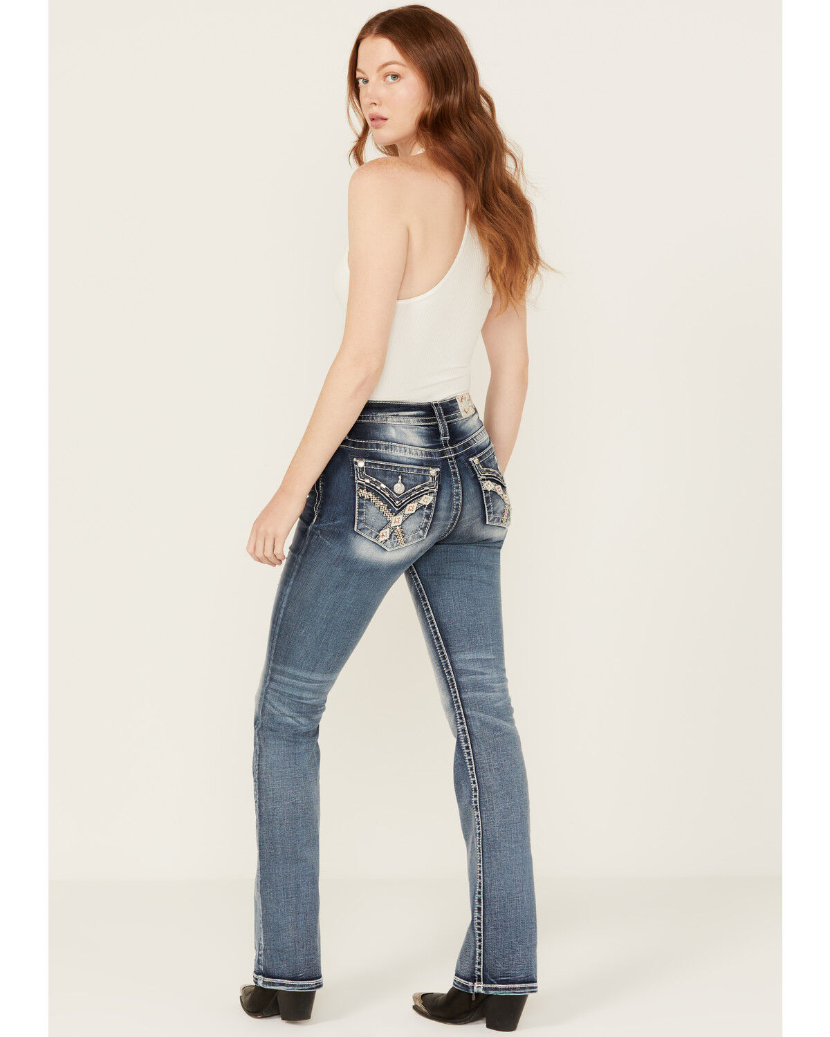 Image #1 - Miss Me Women's Medium Wash Geometric Braid Mid Rise Bootcut Stretch Denim Jeans, Medium Wash, hi-res