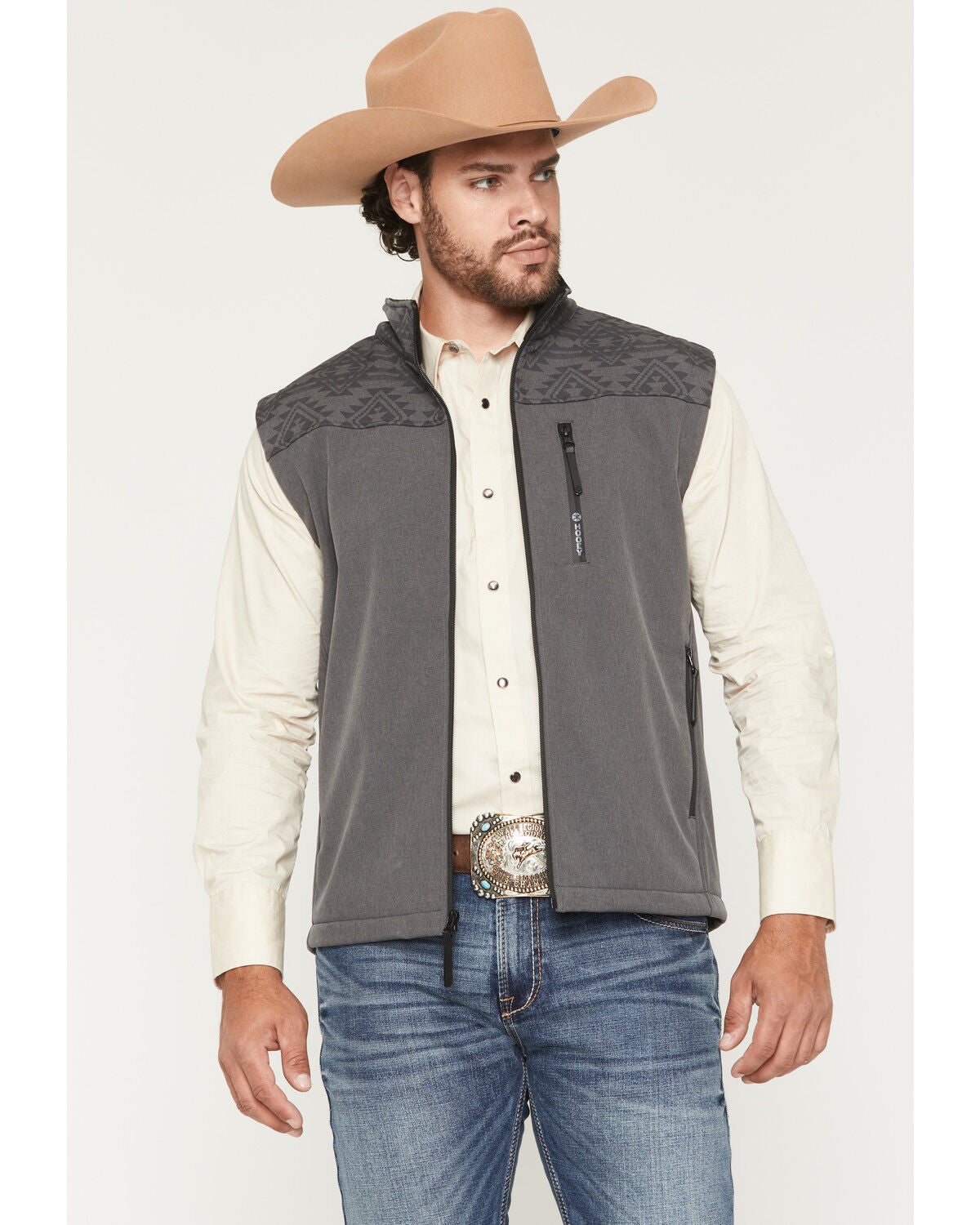 Hooey Men's Jackson Hole Southwestern Colorblock Softshell Vest, Grey, hi-res