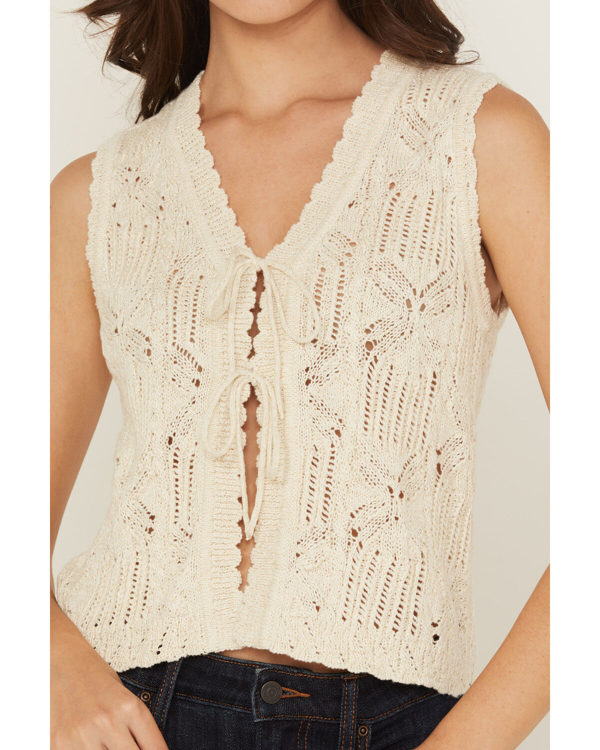 Image #3 - Shyanne Women's Tie-Front Crochet Sweater Vest, Ivory, hi-res