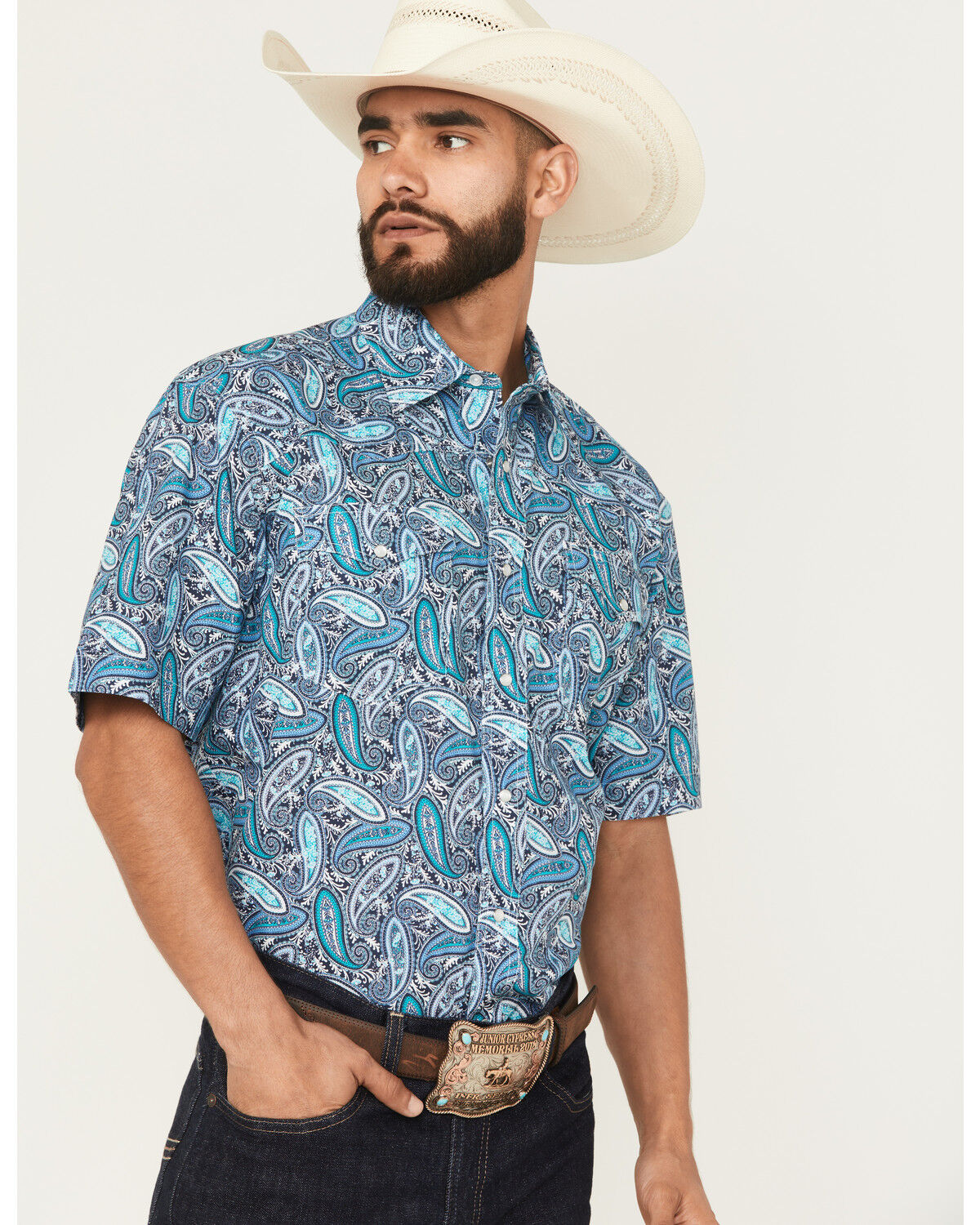 Image #2 - Roper Men's Amarillo Paisley Short Sleeve Pearl Snap Western Shirt, Blue, hi-res