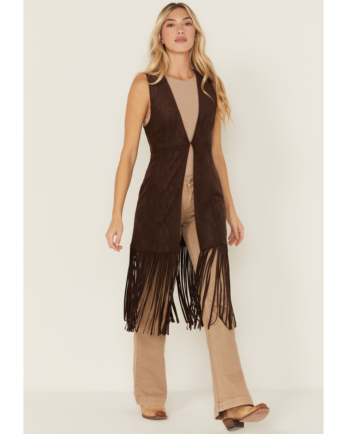 Image #1 - Shyanne Women's Embossed Southwestern Print Fringe Faux Suede Vest, Dark Brown, hi-res