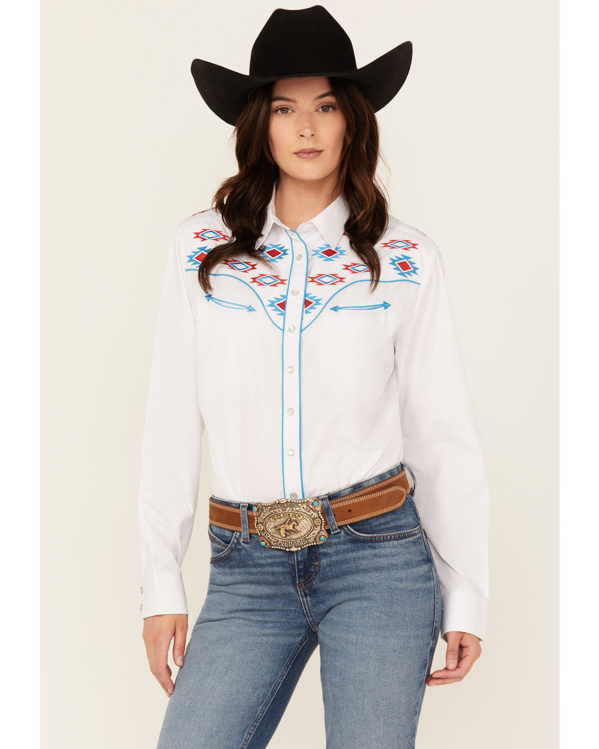 Image #1 - Rodeo Clothing Women's Southwestern Embroidered Long Sleeve Snap Western Shirt, White, hi-res