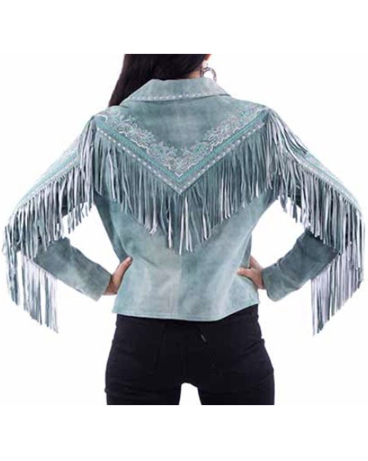 Image #2 - Scully Women's Embroidered Fringe Suede Jacket, Blue, hi-res