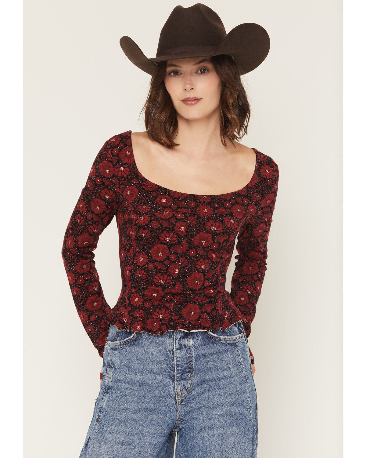 Rock & Roll Denim Women's Floral Print Long Sleeve Top, Red, hi-res