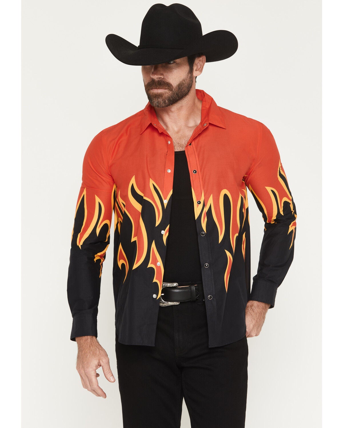 Panhandle Slim Men's Vintage Flame Print Long Sleeve Snap Western Shirt, Black, hi-res