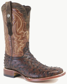 Tanner Mark Men's Brown Ostrich Print Western Boots - Wide Square Toe, Brown, hi-res