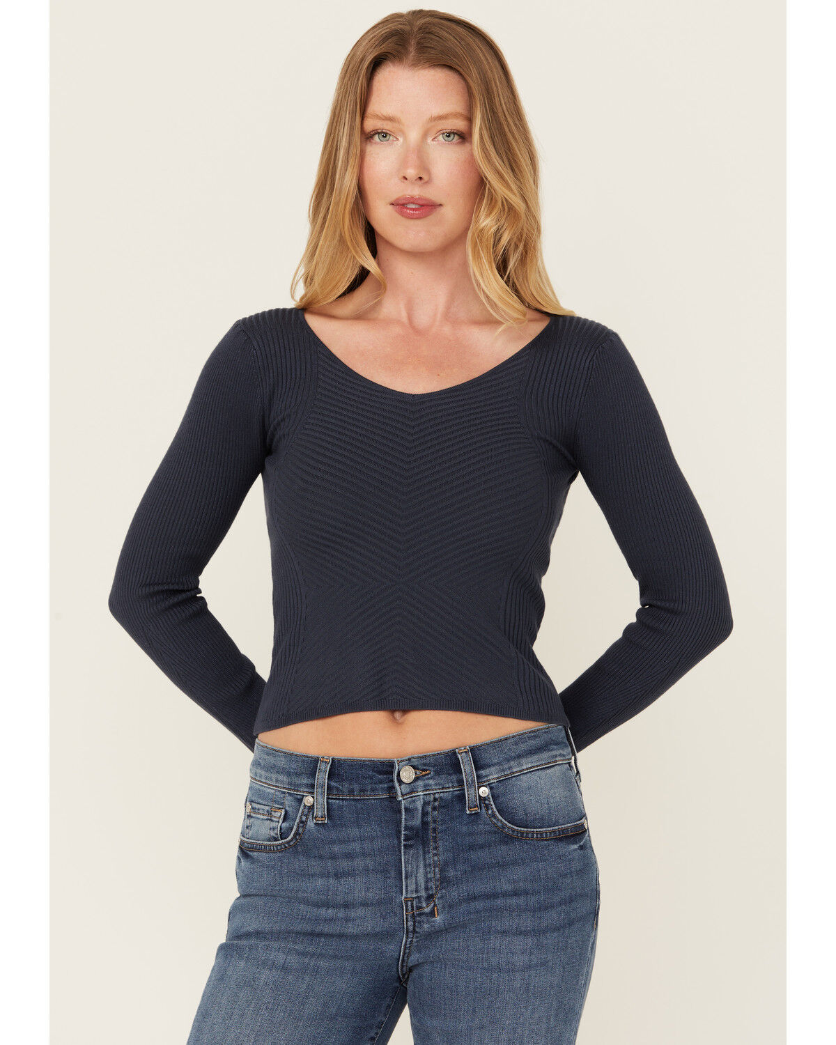 Image #1 - Shyanne Women's Ribbed Long Sleeve Sweater, Navy, hi-res