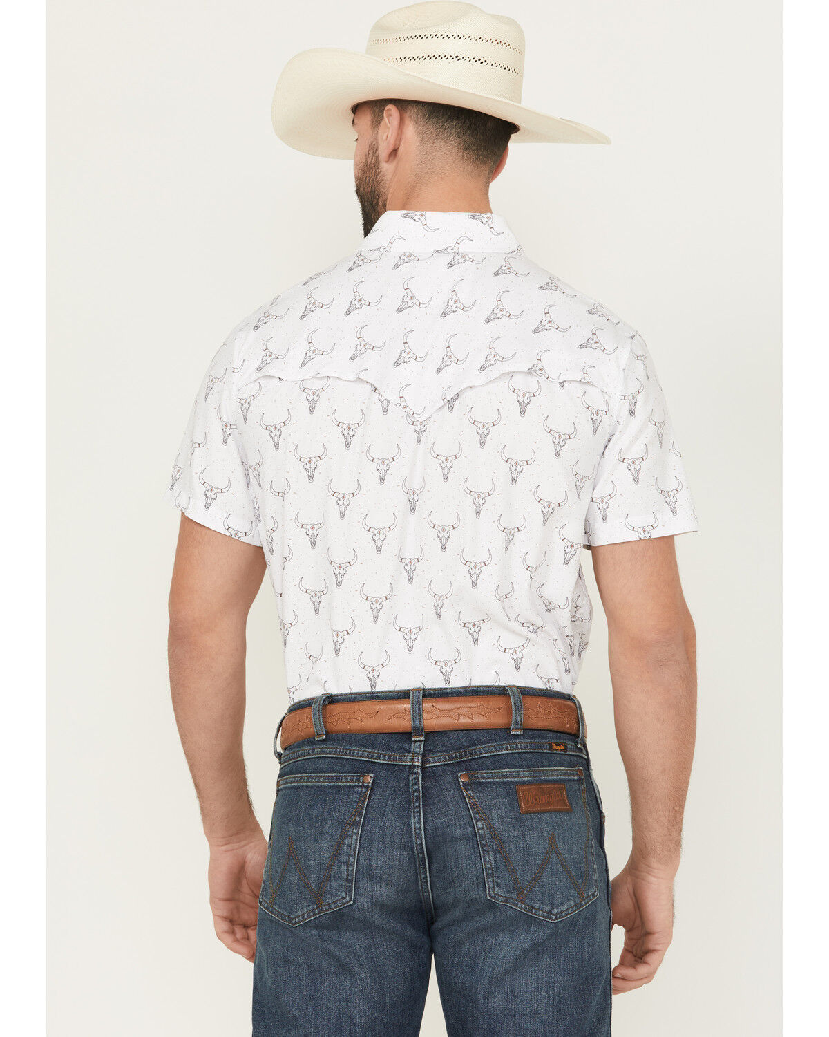 Image #4 - Rock & Roll Denim Men's TEK Longhorn Print Short Sleeve Pearl Snap Western Shirt, White, hi-res