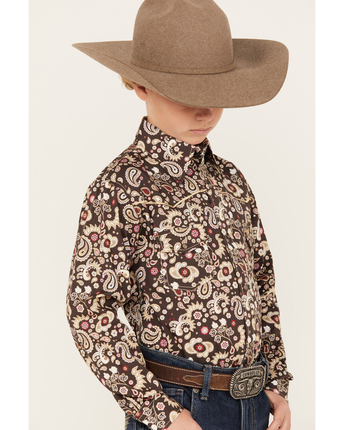 Image #2 - Cowboy Hardware Boys' Mixed Paisley Print Long Sleeve Snap Western Shirt, Chocolate, hi-res
