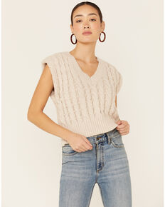 Very J Women's Oatmeal Cable Knit Cropped Sweater Vest, Oatmeal, hi-res