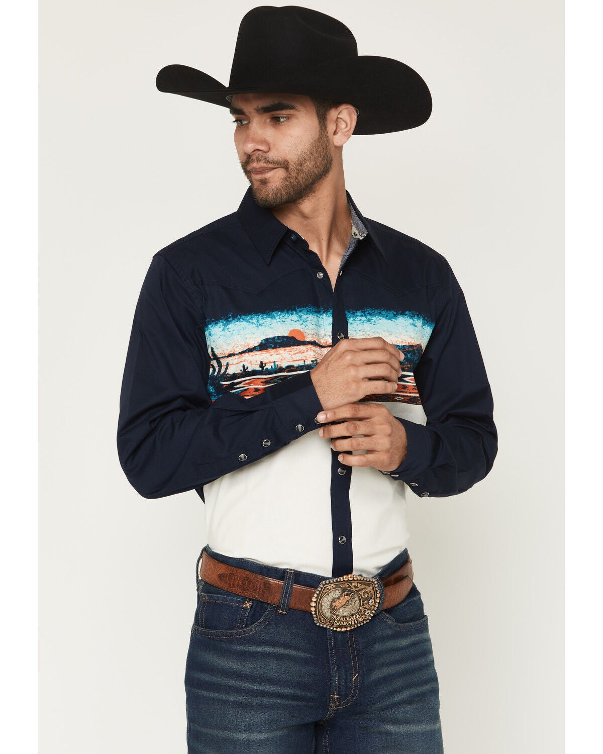 RANK 45&reg; Men's Electric Desert Border Print Long Sleeve Snap Stretch Western Shirt, Natural, hi-res