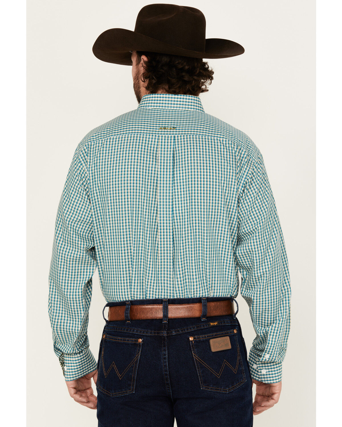 Image #4 - Ariat Men's Wrinkle Free Gus Plaid Print Long Sleeve Button-Down Western Shirt, Teal, hi-res