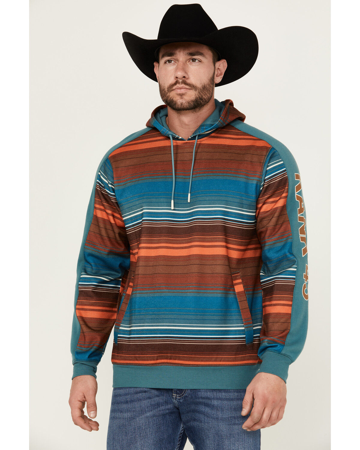 Image #1 - RANK 45® Men's Farmbuck Striped Logo Hooded Sweatshirt, Teal, hi-res