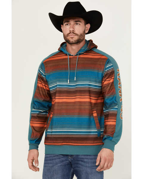 Image #1 - RANK 45® Men's Farmbuck Striped Logo Hooded Sweatshirt , Teal, hi-res